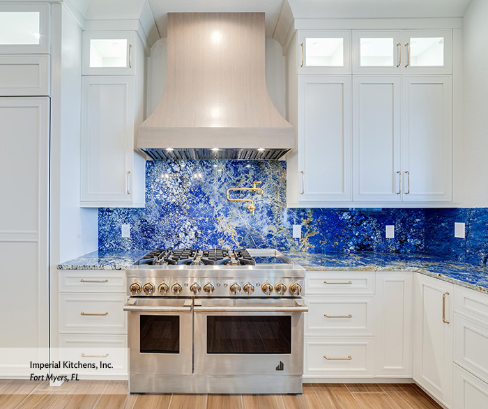 Coastal Luxe Kitchen with White Shaker Cabinets and Blue Quartzite Island