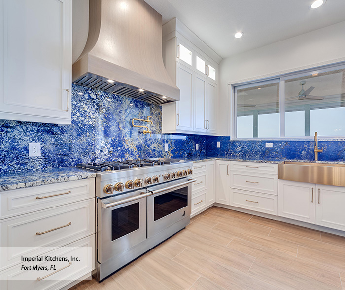 Coastal Luxe Kitchen with White Shaker Cabinets and Blue Quartzite Island