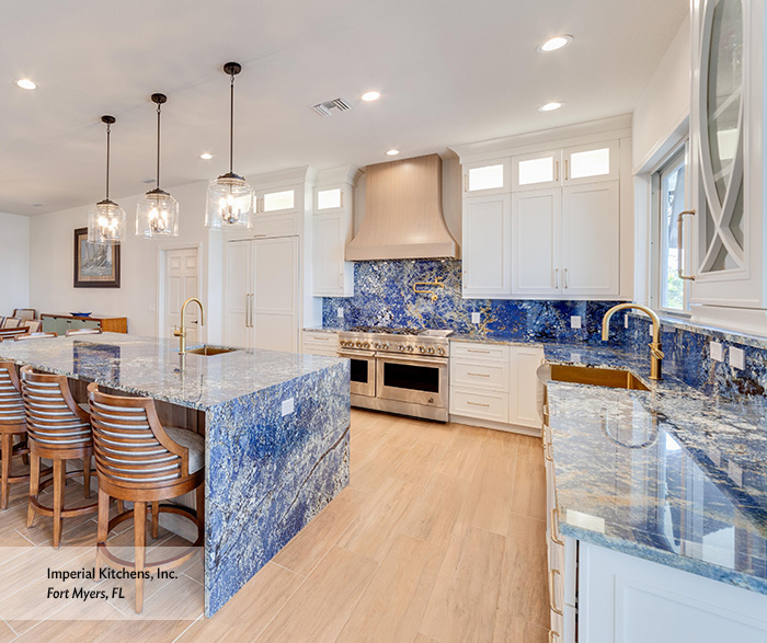 Coastal Luxe Kitchen with White Shaker Cabinets and Blue Quartzite Island