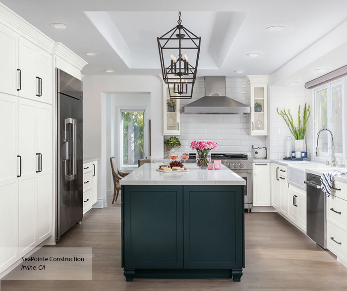 White Shaker Kitchen Cabinets with a Pop of Color