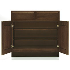 base cabinet in dark brown with doors open to show interior construction