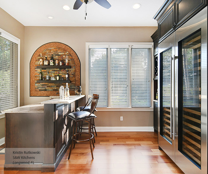 Anson home bar cabinets in Kodiak with Onyx glaze on Alder