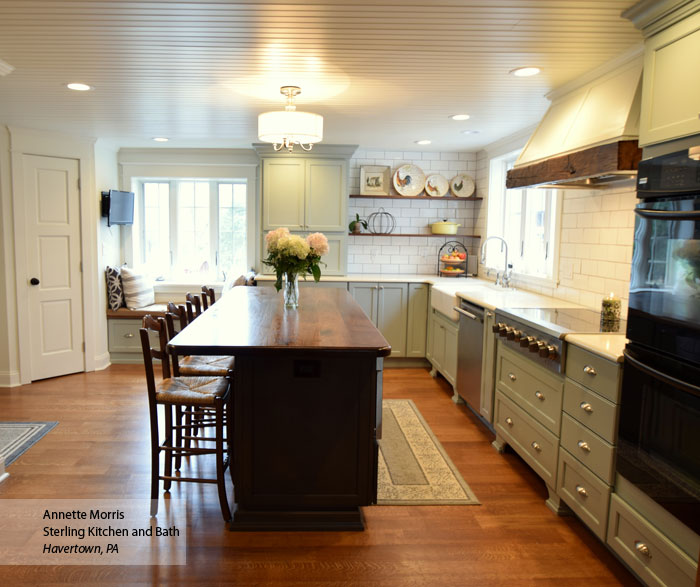 Williamsburg farmhouse kitchen cabinets in Maple Rain and Cherry Smokey Hills finishes