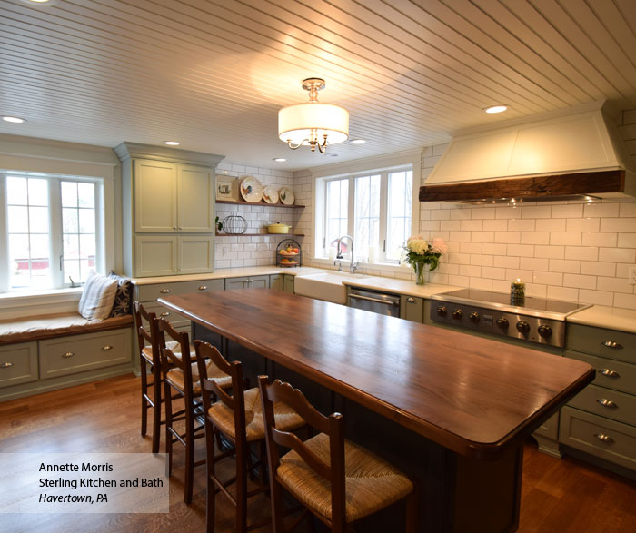 Williamsburg farmhouse kitchen cabinets in Maple Rain and Cherry Smokey Hills finishes